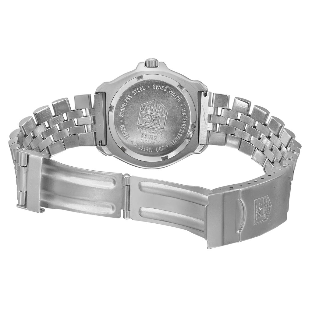 Back View Of Screwback Back Case And Open Stainless Steel Band Of TAG Heuer WA1210 Watch Pre Owned Condition