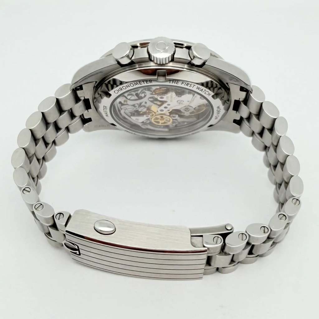 Back View Of Exhibition Back Case And Closed Stainless Steel Band Of OMEGA 310.30.42.50.04.001 Watch Pre Owned Condition