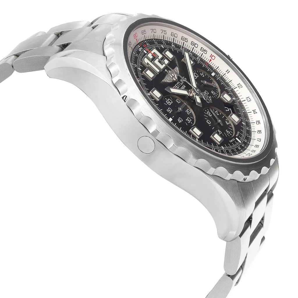 An image of a pre-owned Breitling men's luxury wristwatch, showcased in a side profile view opposite to the crown. The watch features a round shape with a steel-colored bezel and a black dial. It has a stainless steel band and case, displayed at a close angle that emphasizes the side and curvature of the timepiece. The watch is pre-owned and may show signs of wear and scratches.