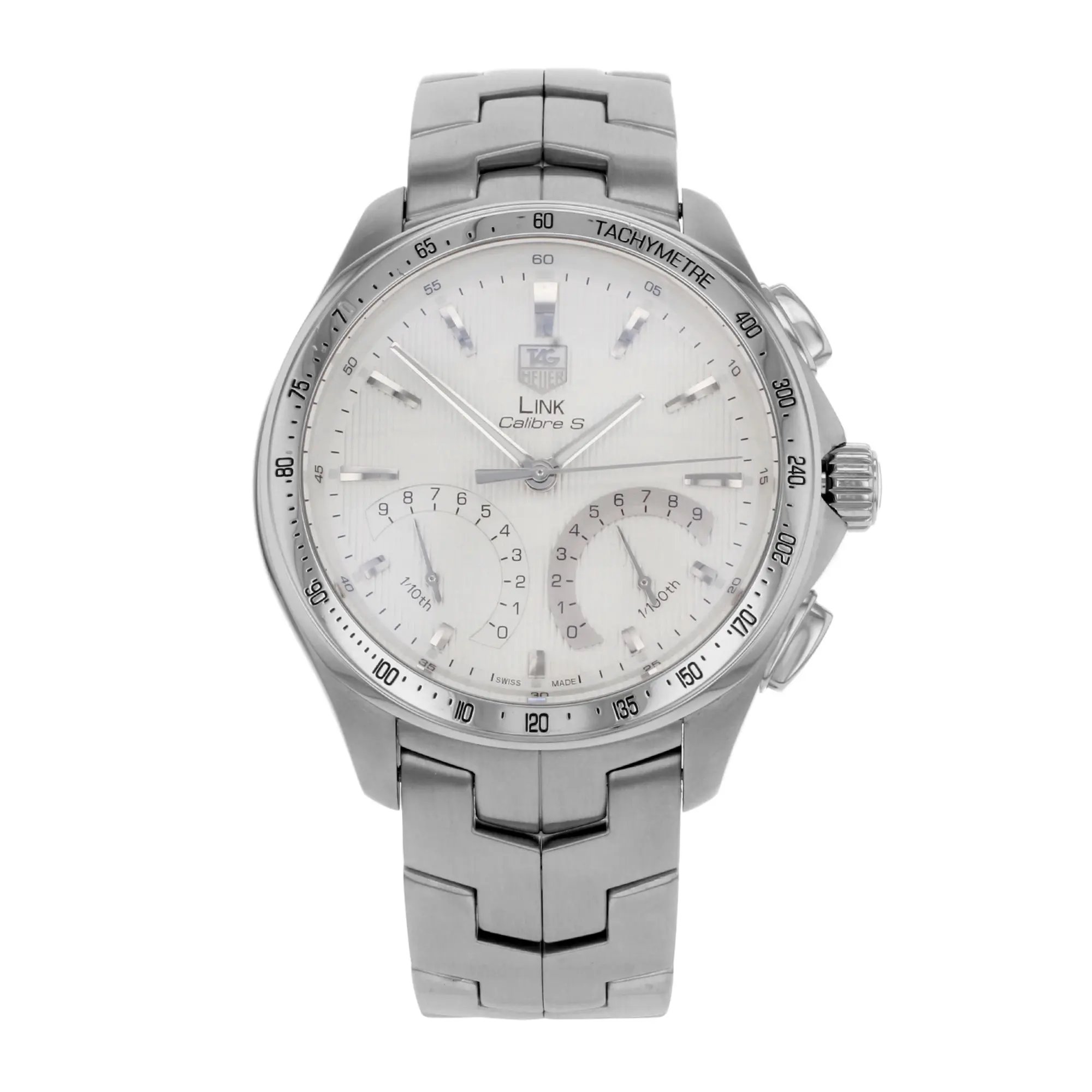 An image of a Wristwatch by TAG Heuer. This Pre Owned item is designed for Men, featuring a Sport style. It has a Quartz movement and an Analog display with a Silver dial color. The indices include Sticks. The band is made of Stainless Steel and the case is made of Stainless Steel. The watch has a Round shape with a case size of 43 mm and a case thickness of 13 mm.