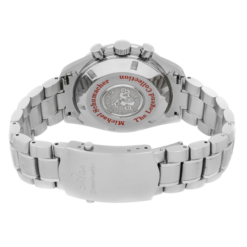 Back View Of Solid Back Case And Closed Stainless Steel Band Of OMEGA 3506.31.00 Watch Pre Owned Condition