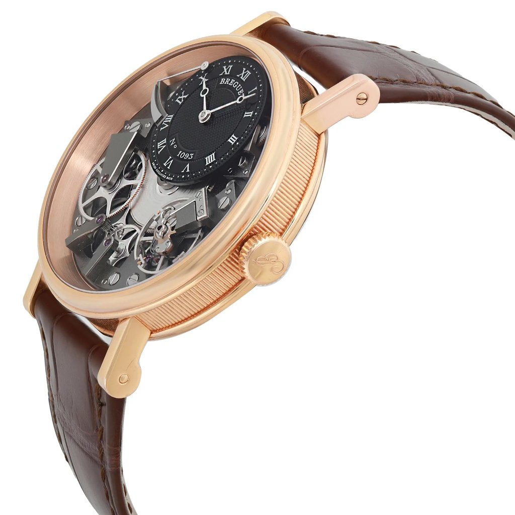 An image of a Wristwatch by Breguet. This Pre Owned item is designed for Men, featuring a Luxury style. It has a Mechanical (Manual) movement and an Analog display with a Gray dial color. The indices include 12-Hour Dial,No Hour Marks. The band is made of Leather and the case is made of Rose Gold. The watch has a Round shape with a case size of 40 mm and a case thickness of 12 mm.