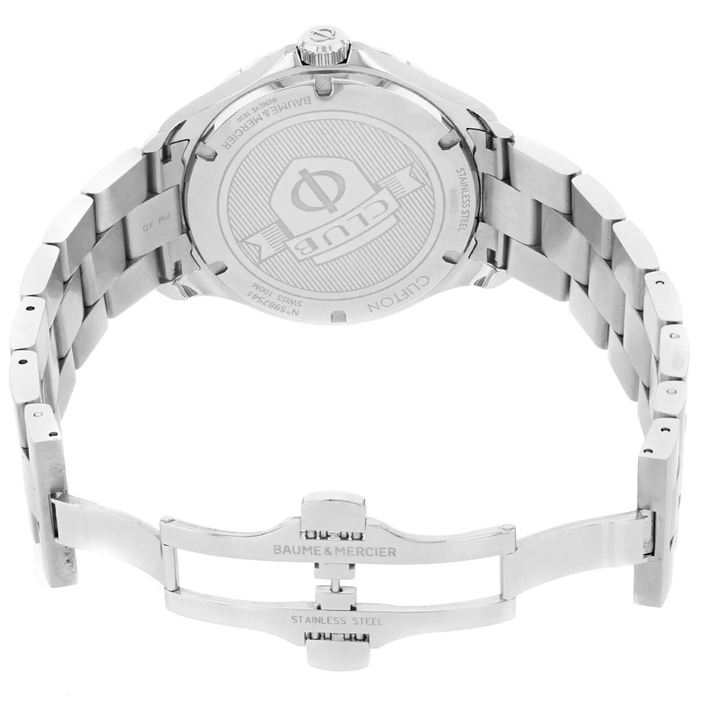 Back View Of {Caseback} Back Case And Open Stainless Steel Band Of Baume & Mercier MOA10378 Watch Unworn Condition