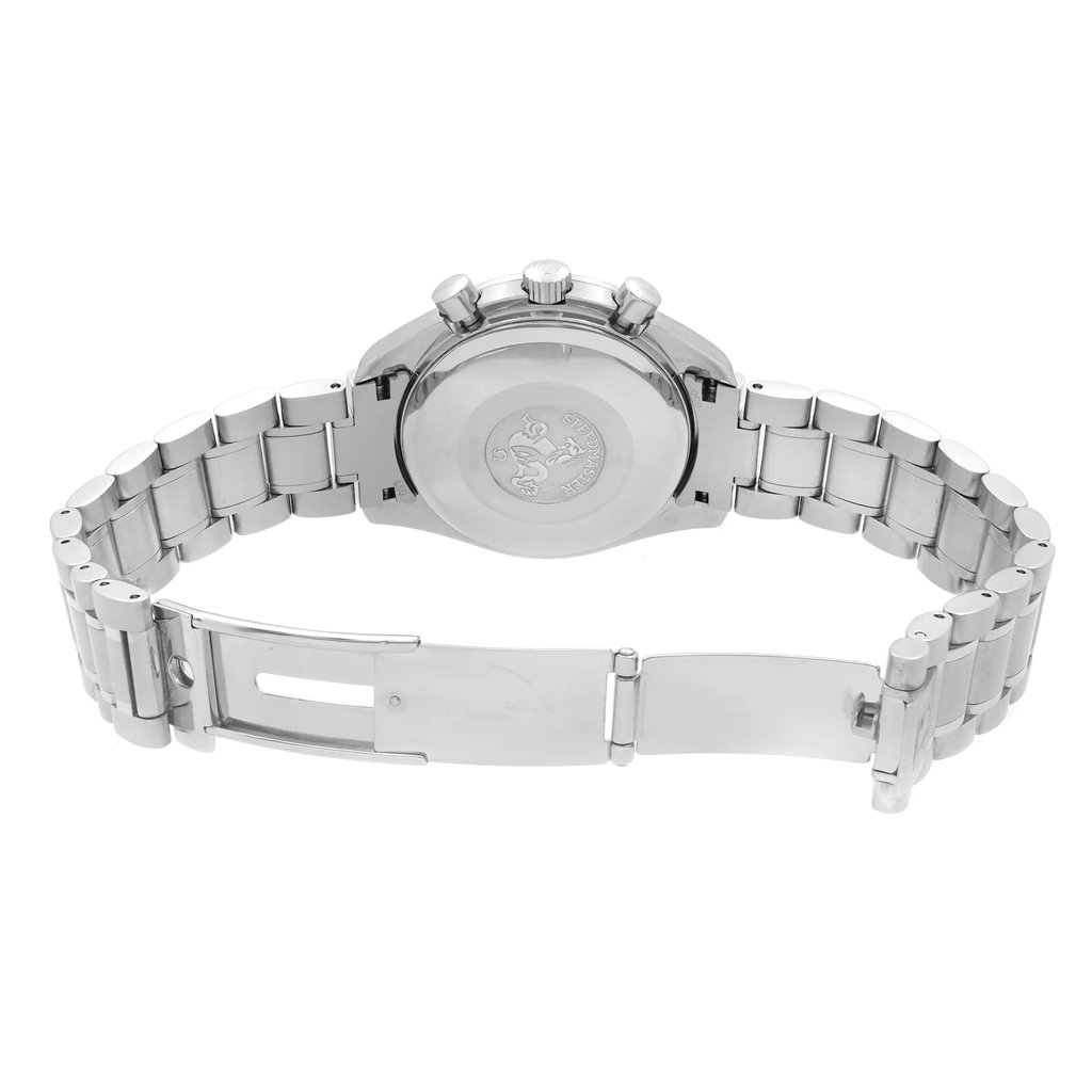 Back View Of Solid Back Case And Open Stainless Steel Band Of OMEGA 3513.33 Watch Pre Owned Condition