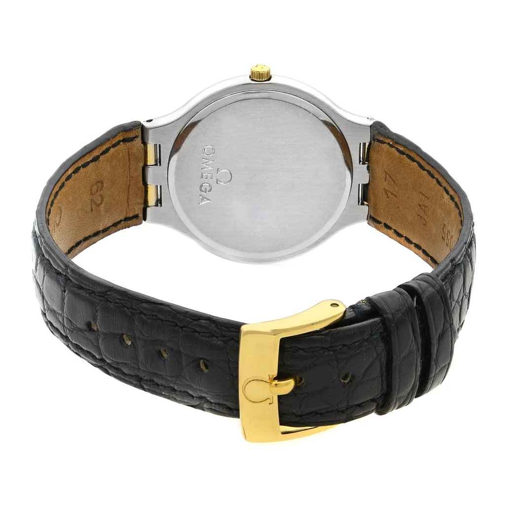 Back View Of {Caseback} Back Case And Closed Leather Band Of OMEGA 196.0316 Watch Pre Owned Condition