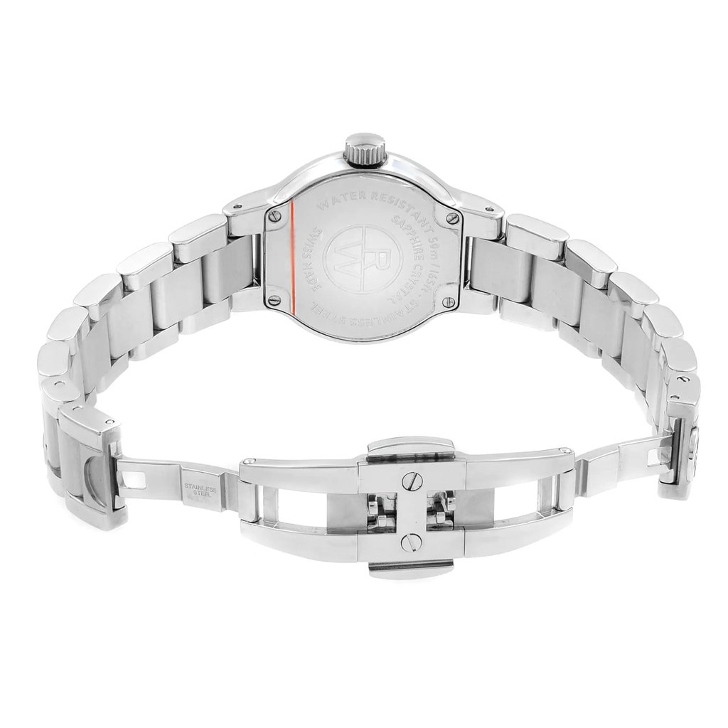 Back View Of Screwback Back Case And Open Stainless Steel Band Of RAYMOND WEIL 5927-ST-00907 Watch Pre Owned Condition