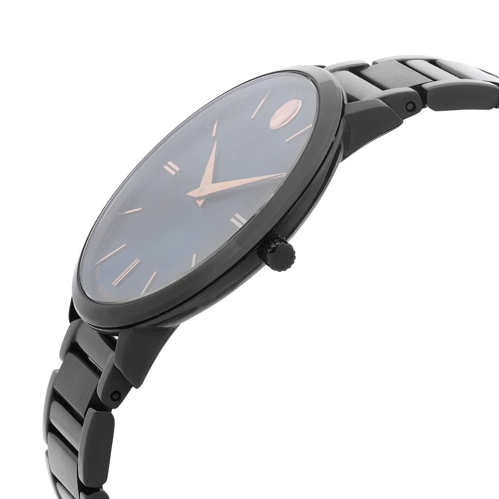 An image of a Wristwatch by Movado. This Pre Owned item is designed for Women, featuring a Casual style. It has a Quartz movement and an Analog display with a Black dial color. The indices include 12-Hour Dial,Stick Indexes. The band is made of Stainless Steel and the case is made of Stainless Steel. The watch has a Round shape with a case size of 35 mm and a case thickness of 6 mm.