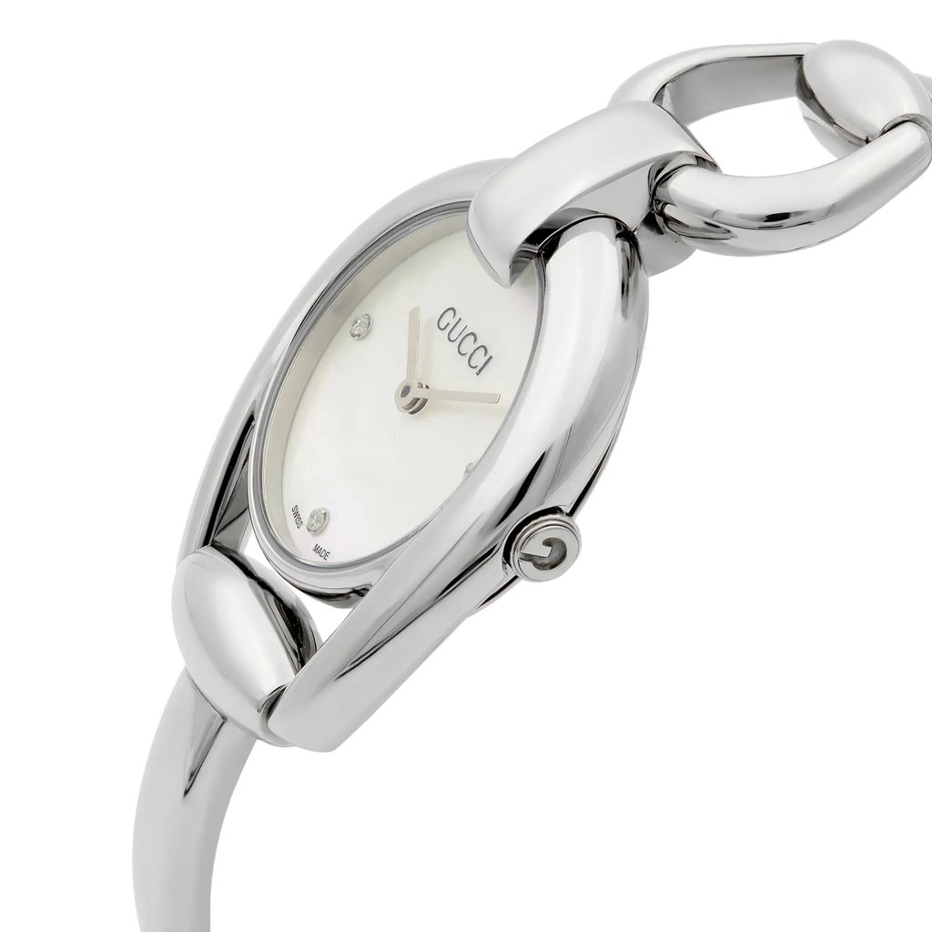 View Of Crown Facing Side Of Gucci YA139506 Stainless Steel Watch Pre Owned Condition