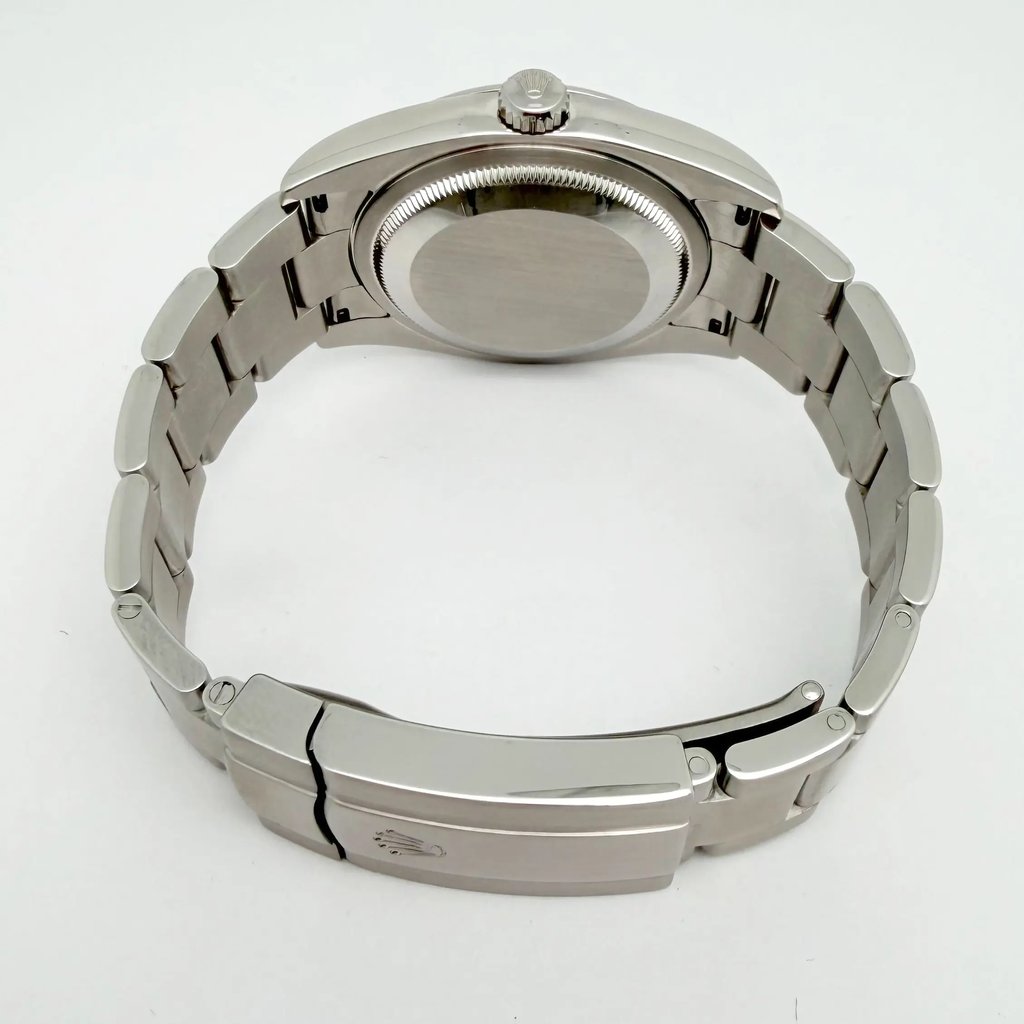 Back View Of Screwback Back Case And Closed Stainless Steel Band Of Rolex 116000 Watch Pre Owned Condition