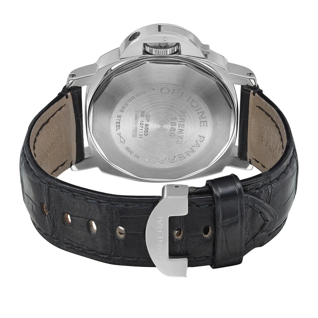 Back View Of Screwback Back Case And Closed Leather Band Of Panerai PAM00104 Watch Pre Owned Condition
