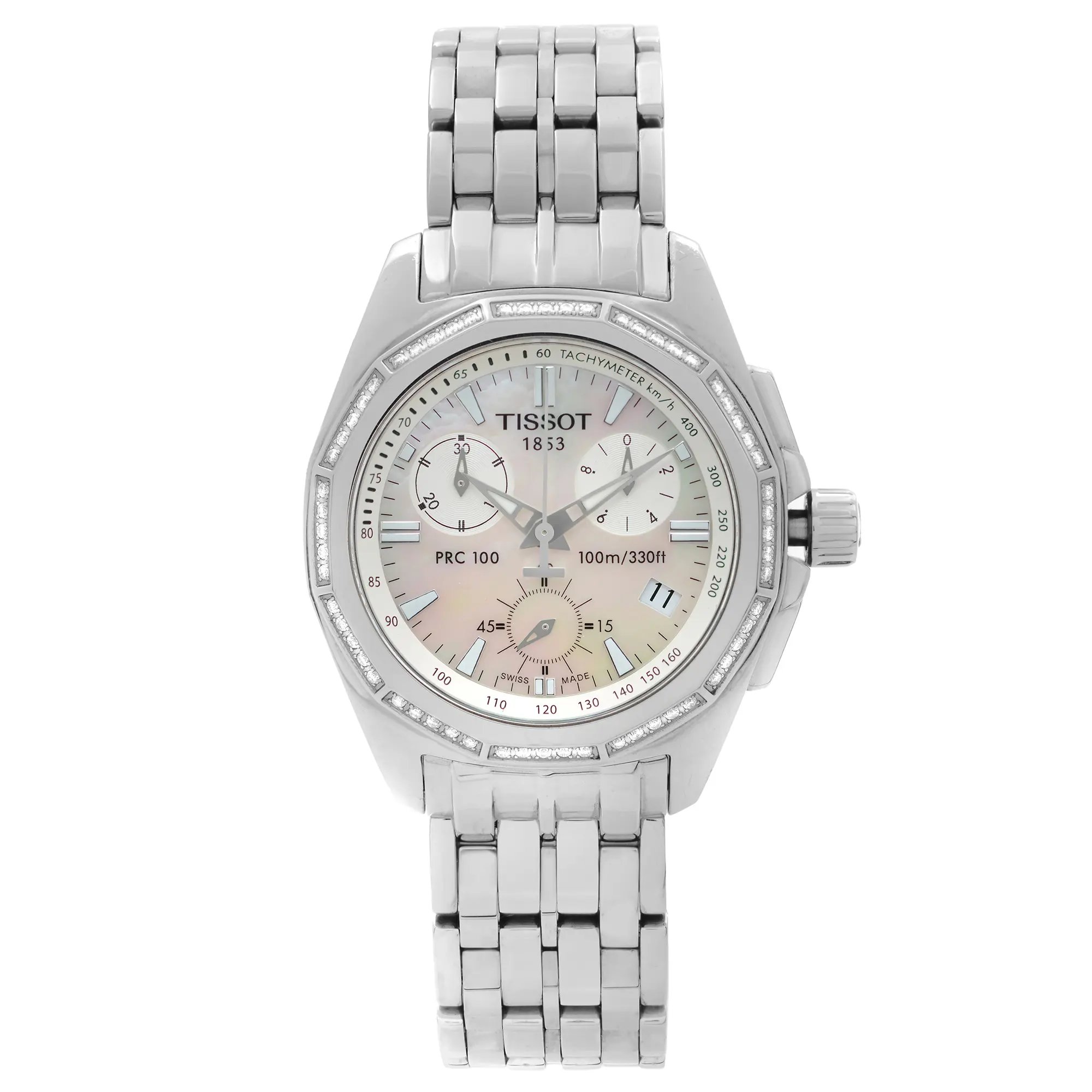 An image of a Wristwatch by Tissot. This Pre Owned item is designed for Women, featuring a Dress/Formal style. It has a Quartz movement and an Analog display with a Mother of Pearl dial color. The indices include 12-Hour Dial,Multi Dial,Non-Numeric Hour Marks,Stick Indexes. The band is made of Stainless Steel and the case is made of Sterling Silver. The watch has a Round shape with a case size of 33 mm and a case thickness of 11 mm.
