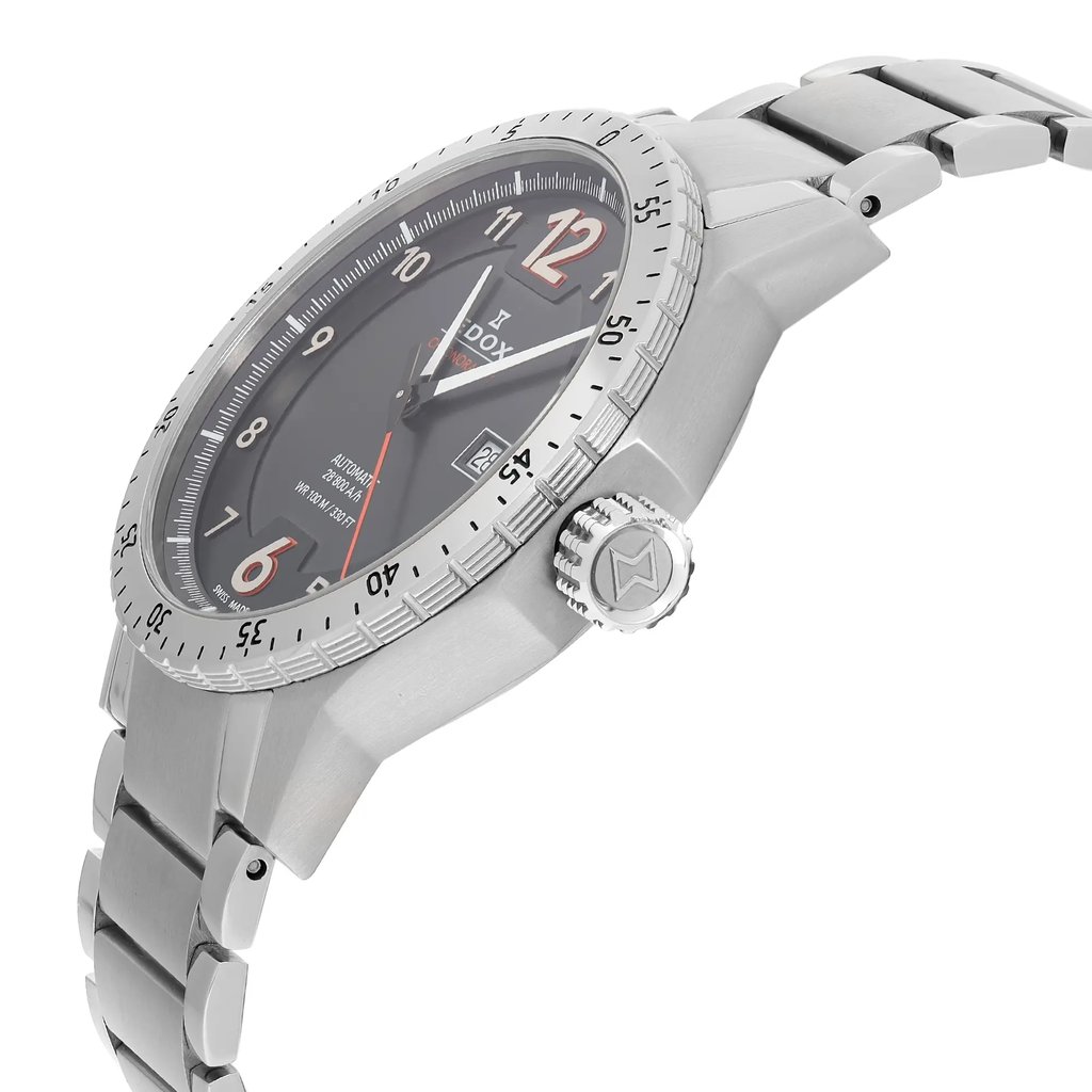 View Of Crown Facing Side Of Edox 80094 3NM NO1 Stainless Steel Watch Display Model Condition