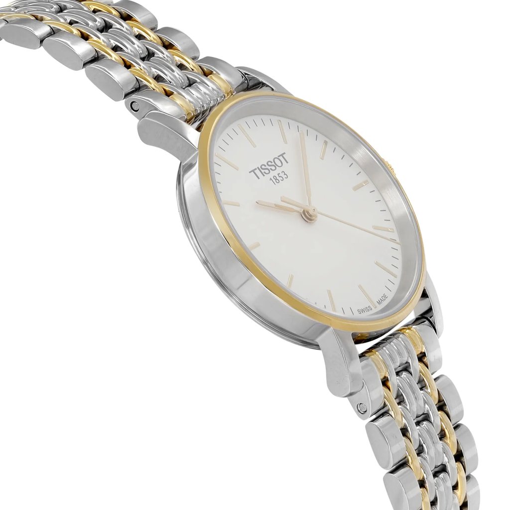 An image of a Wristwatch by Tissot. This Display Model item is designed for Women, featuring a Dress/Formal style. It has a Quartz movement and an Analog display with a Silver dial color. The indices include 12-Hour Dial,Stick Indexes. The band is made of Stainless Steel and the case is made of Stainless Steel. The watch has a Round shape with a case size of 30 mm and a case thickness of 6 mm.