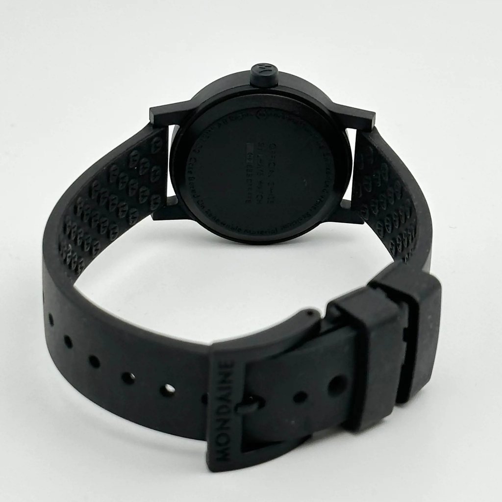 Back View Of Solid Back Case And Closed Rubber Band Of Mondaine MS1.32120.RB Watch Display Model Condition