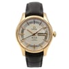 An image of a Wristwatch by OMEGA. This Pre Owned item is designed for Men, featuring a Dress/Formal,Luxury style. It has a Mechanical (Automatic) movement and an Analog display with a Silver dial color. The indices include Non-Numeric Hour Marks,Seconds Hand. The band is made of Leather and the case is made of Rose Gold. The watch has a Round shape with a case size of 40.5 mm and a case thickness of 14 mm.