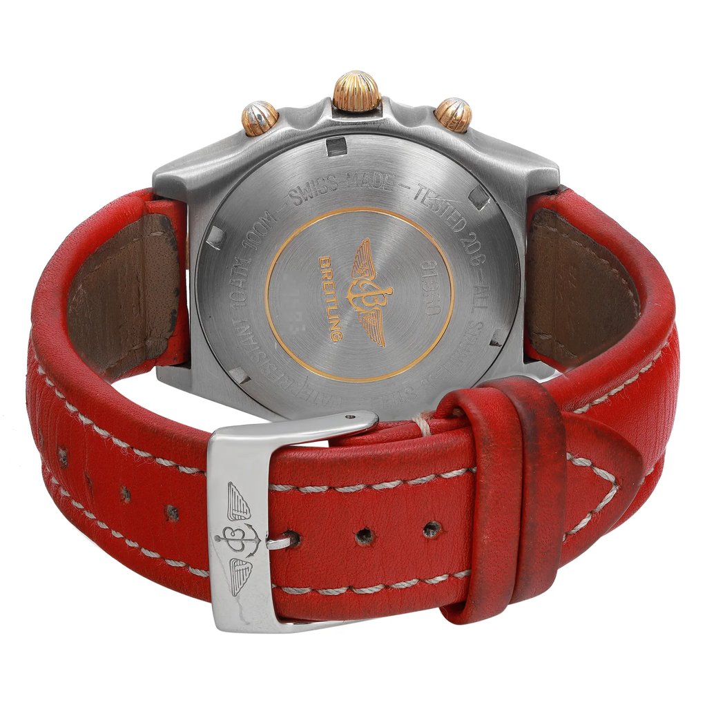 Back View Of Screwback Back Case And Closed Leather Band Of Breitling 81950 Watch Pre Owned Condition