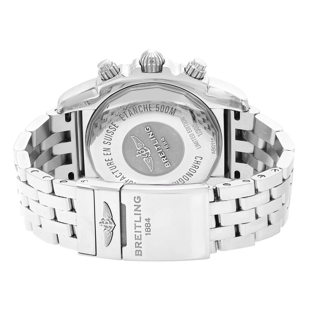 An image of a pre-owned men's Breitling wristwatch, shown from the back view with a close-up on the clasp. The stainless steel caseback features an embossed logo and text, indicating water resistance up to 500 meters, and is secured with a screwback design. The watch has a round shape and the stainless steel band is attached to a fold-over clasp with a flip lock safety. The watch is angled to showcase the caseback and clasp while the rest of the band extends away from the bottom of the frame, giving a clear view of the wristwatch's design and construction. The watch is pre-owned and may have minor scratches and signs of wear.
