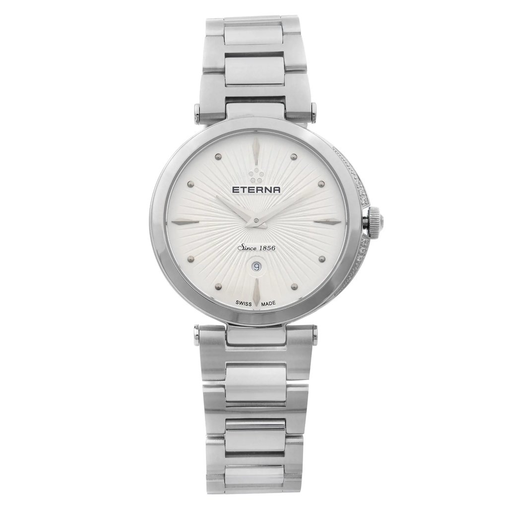 An image of a Wristwatch by Eterna. This Display Model item is designed for Women, featuring a Dress/Formal style. It has a Quartz movement and an Analog display with a Silver dial color. The indices include Dots, Sticks. The band is made of Stainless Steel and the case is made of Stainless Steel. The watch has a Round shape with a case size of 32 mm and a case thickness of 7 mm.