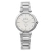 An image of a Wristwatch by Eterna. This Display Model item is designed for Women, featuring a Dress/Formal style. It has a Quartz movement and an Analog display with a Silver dial color. The indices include Dots, Sticks. The band is made of Stainless Steel and the case is made of Stainless Steel. The watch has a Round shape with a case size of 32 mm and a case thickness of 7 mm.