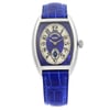 An image of a Wristwatch by Franck Muller. This New item is designed for Women, featuring a Dress/Formal,Luxury style. It has a Mechanical (Manual) movement and an Analog display with a Blue,Silver dial color. The indices include Arabic Numerals. The band is made of Leather and the case is made of White Gold. The watch has a Tonneau shape with a case size of 29 mm and a case thickness of 8 mm.