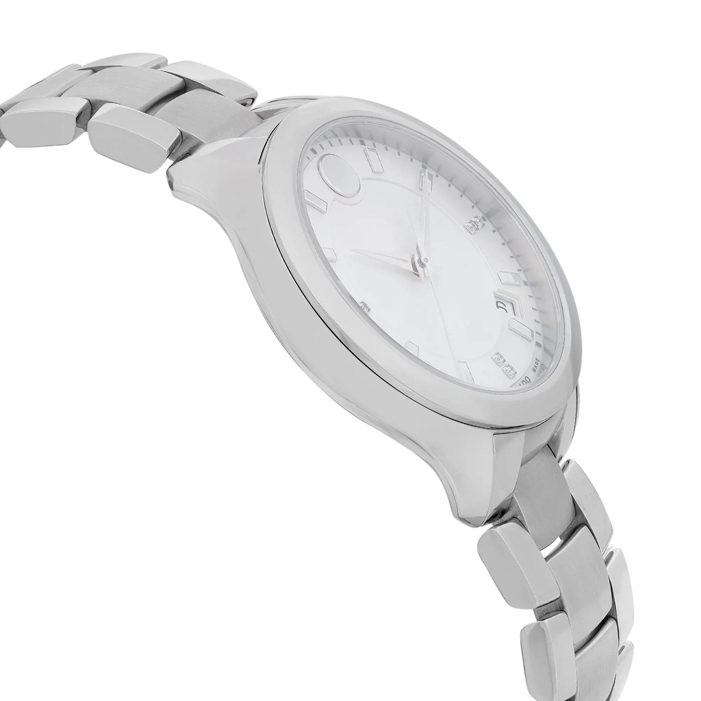 View Of Opposite Crown Facing Side Of Movado 0606978 Stainless Steel Watch Display Model Condition