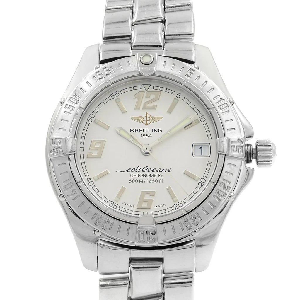Up Close Front Facing Picture Of Breitling A57350 Stainless Steel Watch Pre Owned Condition
