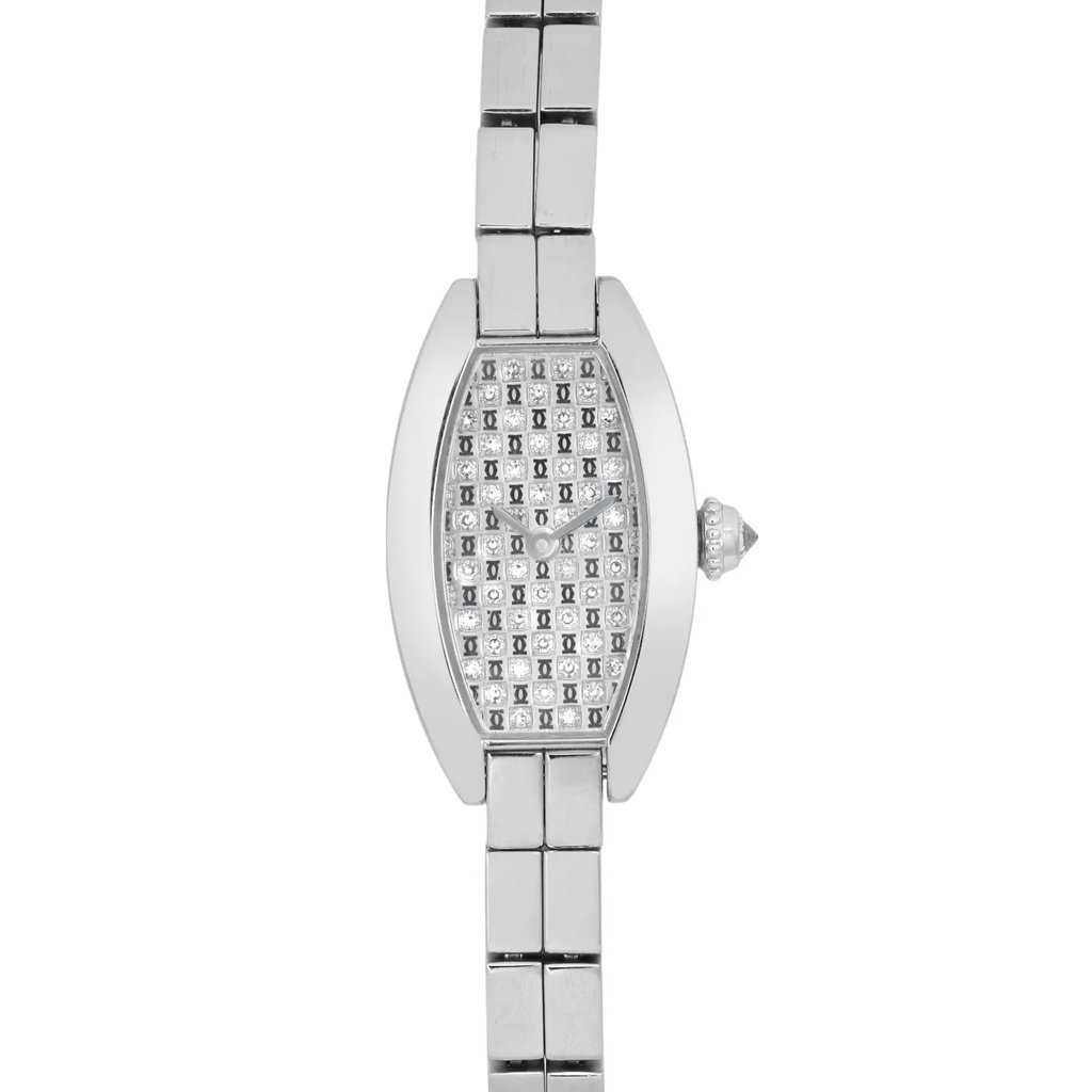 Up Close Front Facing Picture Of Cartier WJ2002W3 White Gold Watch Pre Owned Condition
