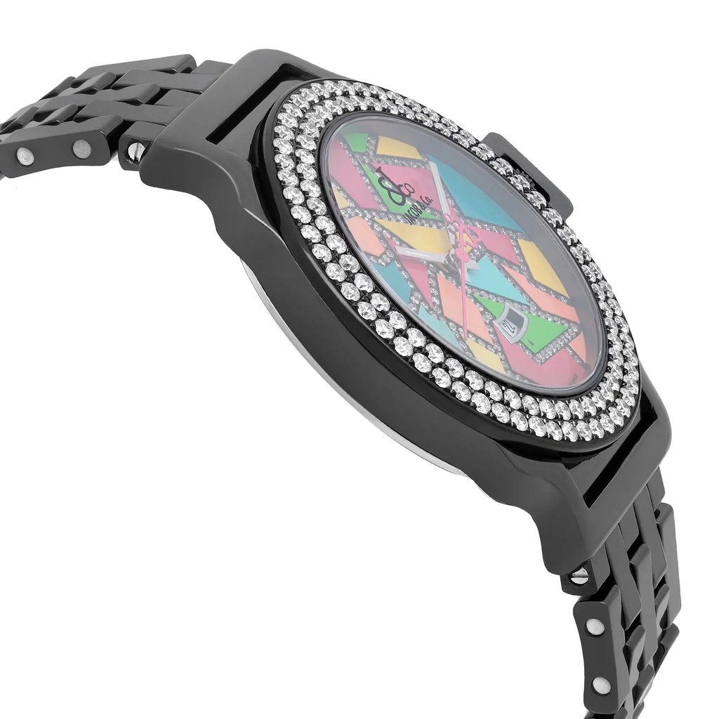 An image of a pre-owned wristwatch captured from a side profile view, opposite the crown. The watch features a black metallic case and band, with a colorful geometric dial. The bezel is adorned with two rows of sparkling crystals, adding an element of elegance. The watch is angled slightly upward, showcasing the intricate details of the face and bezel, and is photographed from a close distance.
