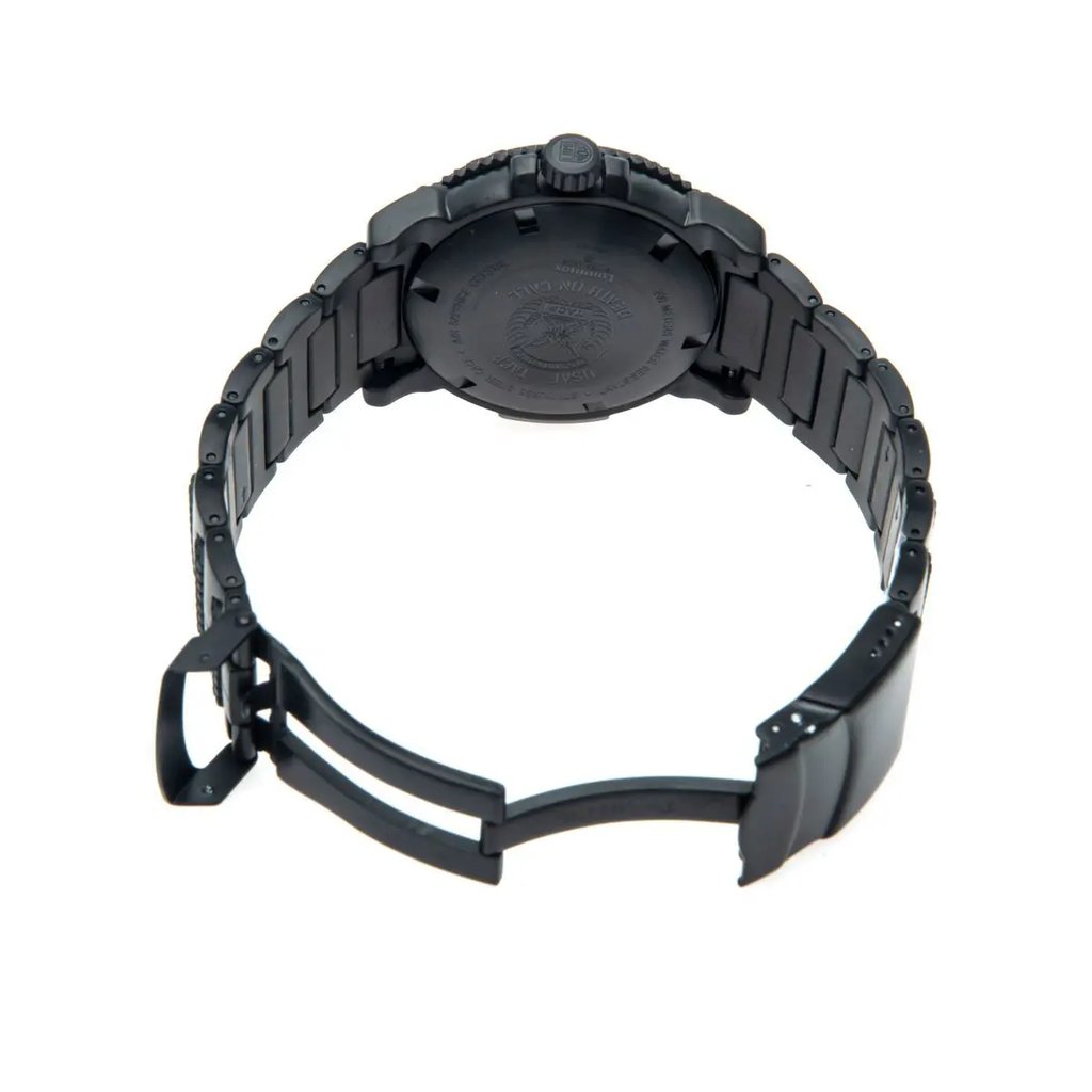 Back View Of Solid Back Case And Open Stainless Steel Band Of Luminox XS.6252.BO.TAC.SET Watch Unworn Condition