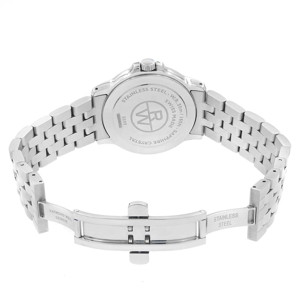 An image of a Wristwatch by RAYMOND WEIL. This Pre Owned item is designed for Men, featuring a Casual style. It has a Quartz movement and an Analog display with a Grey dial color. The indices include 12-Hour Dial,Roman Numerals. The band is made of Stainless Steel and the case is made of Stainless Steel. The watch has a Round shape with a case size of 39 mm and a case thickness of 9 mm.