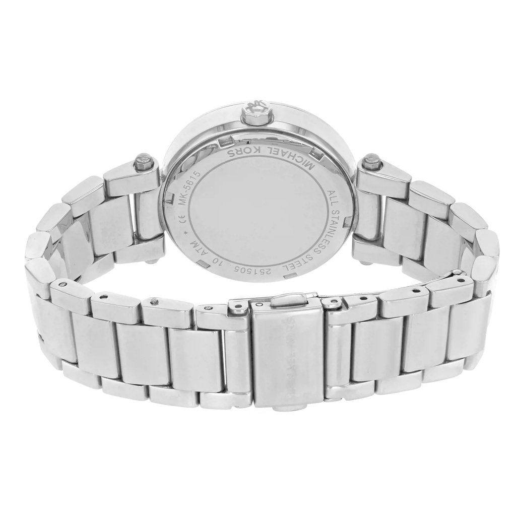 Back View Of Solid Back Case And Closed Stainless Steel Band Of Michael Kors MK5615 Watch Display Model Condition