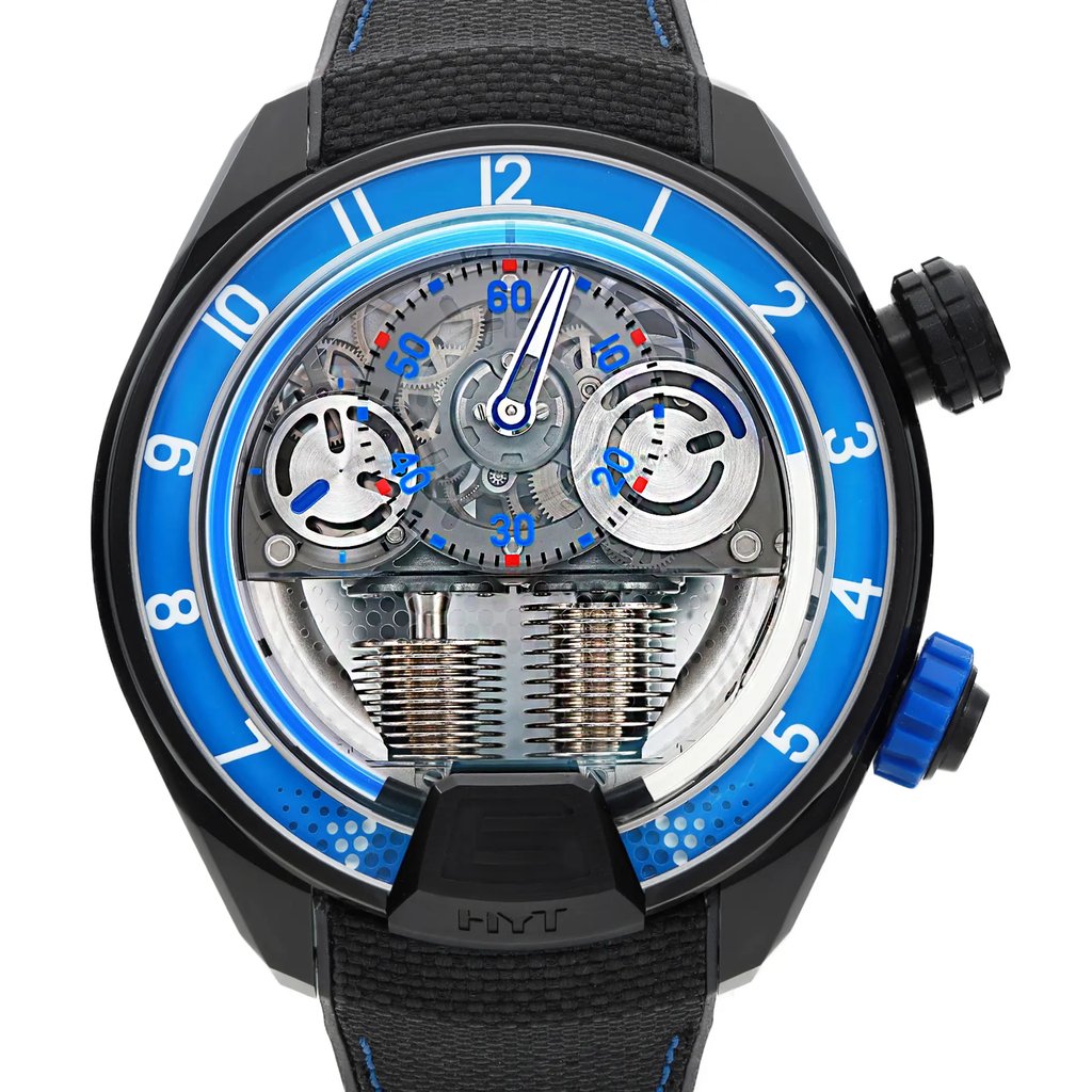 Up Close Front Facing Picture Of HYT H01704 Titanium,Rubber Watch Unworn Condition