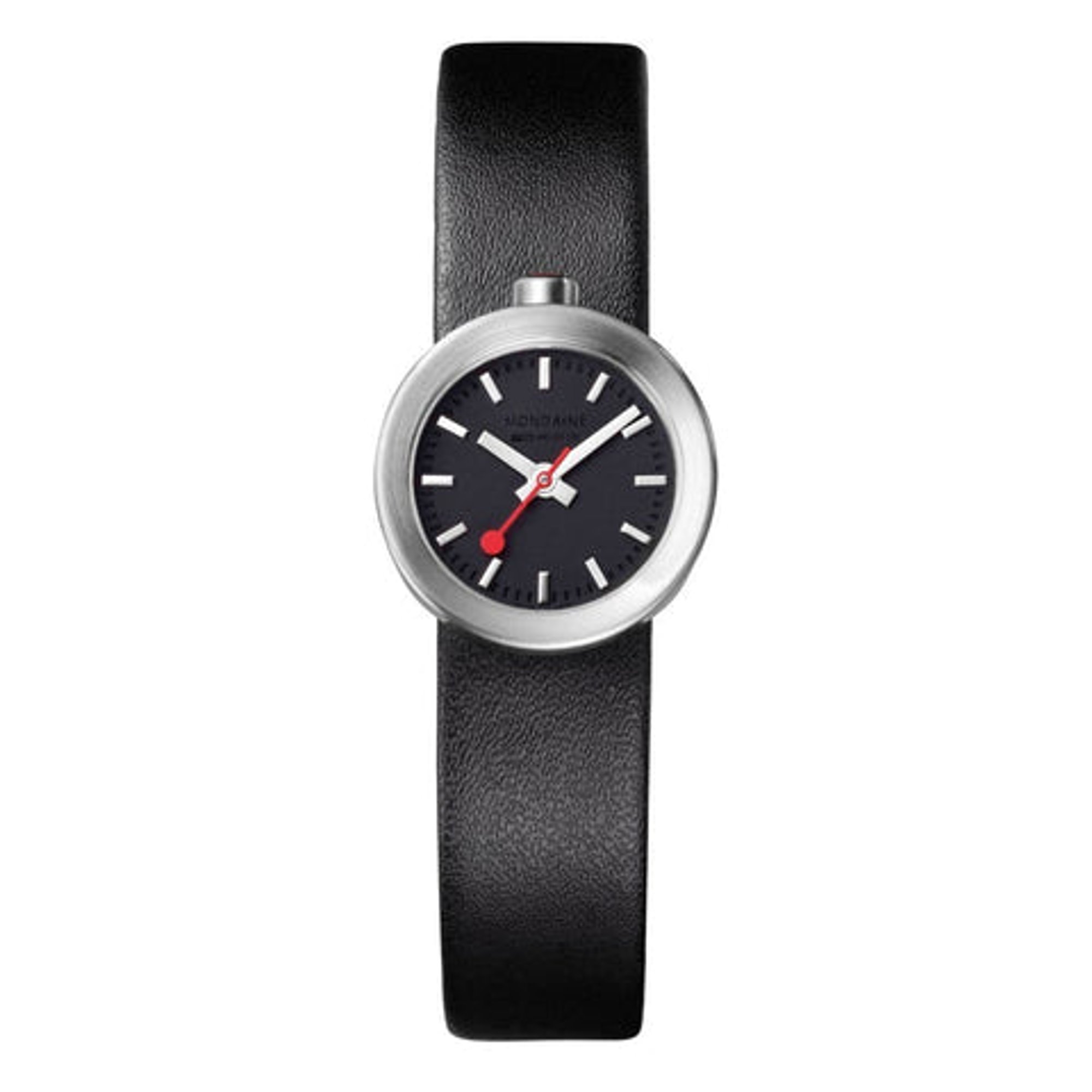 An image of a Wristwatch by Mondaine. This Display Model item is designed for Men, featuring a Casual style. It has a Quartz movement and an Analog display with a Black dial color. The indices include 12-Hour Dial,Stick Indexes. The band is made of Leather and the case is made of Stainless Steel. The watch has a Round shape with a case size of 22 mm and a case thickness of 10.5mm.