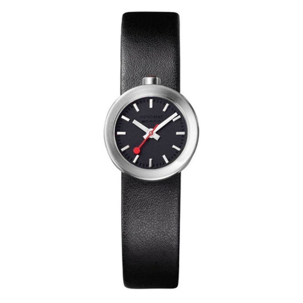 An image of a Wristwatch by Mondaine. This Display Model item is designed for Men, featuring a Casual style. It has a Quartz movement and an Analog display with a Black dial color. The indices include 12-Hour Dial,Stick Indexes. The band is made of Leather and the case is made of Stainless Steel. The watch has a Round shape with a case size of 22 mm and a case thickness of 10.5mm.