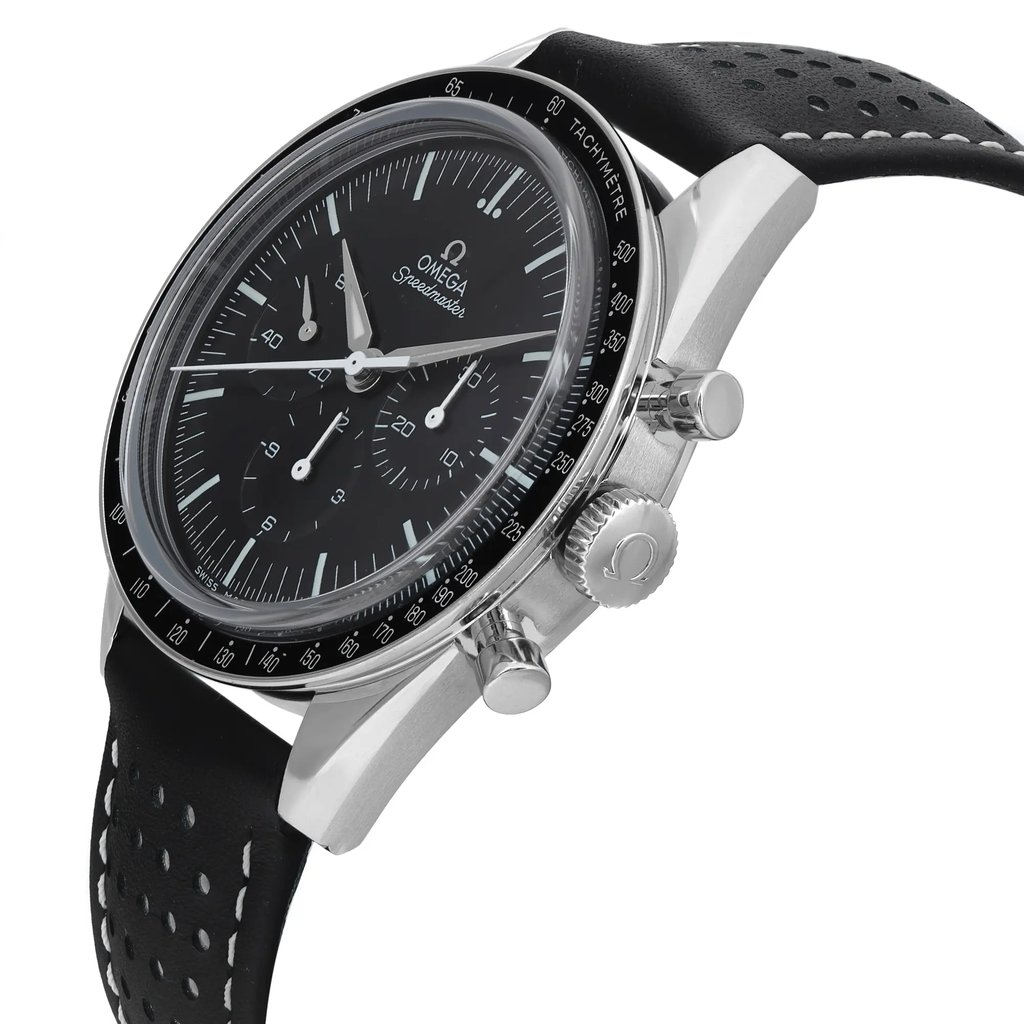 An image of a pre-owned men's luxury OMEGA wristwatch. The watch is shown from a side profile view, highlighting the crown and chronograph buttons. The round case is made of stainless steel with a black bezel, and the black dial features white accents and chronograph sub-dials. The watch is paired with a black perforated leather band.