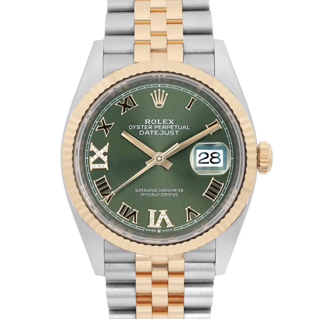 An image of a pre-owned men's Rolex wristwatch, viewed from a straight-on angle at a close distance. The watch features a green dial with Roman numerals, a gold and stainless steel two-tone bracelet, a gold bezel, and luminous hands. The date indicator is prominently displayed at the 3 o'clock position.