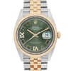 An image of a pre-owned men's Rolex wristwatch, viewed from a straight-on angle at a close distance. The watch features a green dial with Roman numerals, a gold and stainless steel two-tone bracelet, a gold bezel, and luminous hands. The date indicator is prominently displayed at the 3 o'clock position.