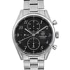 An image of a pre-owned TAG Heuer Carrera wristwatch for men, showcasing a front close-up view of the watch face. The photo is taken from a straight-on angle that clearly displays the round, black dial with gray bezel and stainless steel case. The wristwatch features a 12-hour dial with Arabic numerals, a date indicator at the 6 o'clock position, and chronograph functionality with small seconds subdial. The stainless steel band is visible with a focus on the central part of the watch, indicating a casual style. The watch appears in good condition with possible minor blemishes from handling and shipping.
