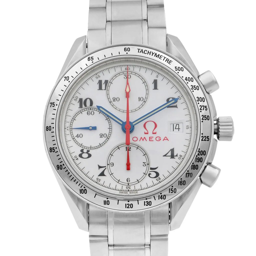 Up Close Front Facing Picture Of OMEGA 3515.20.00 Stainless Steel Watch Pre Owned Condition