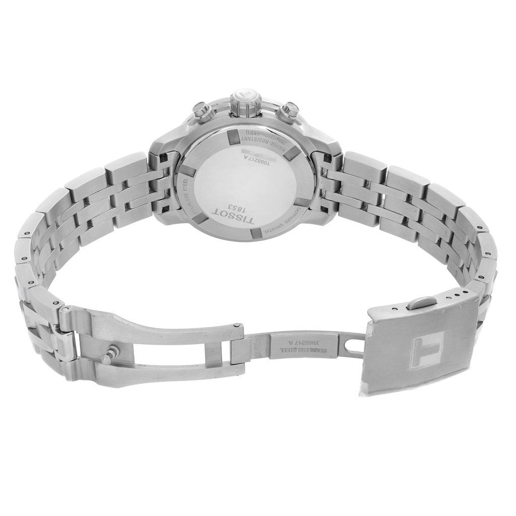 Back View Of Solid Back Case And Open Stainless Steel Band Of Tissot T055.217.11.113.00 Watch Display Model Condition