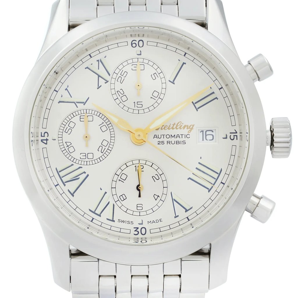Up Close Front Facing Picture Of Breitling A13024.1 Stainless Steel Watch Pre Owned Condition