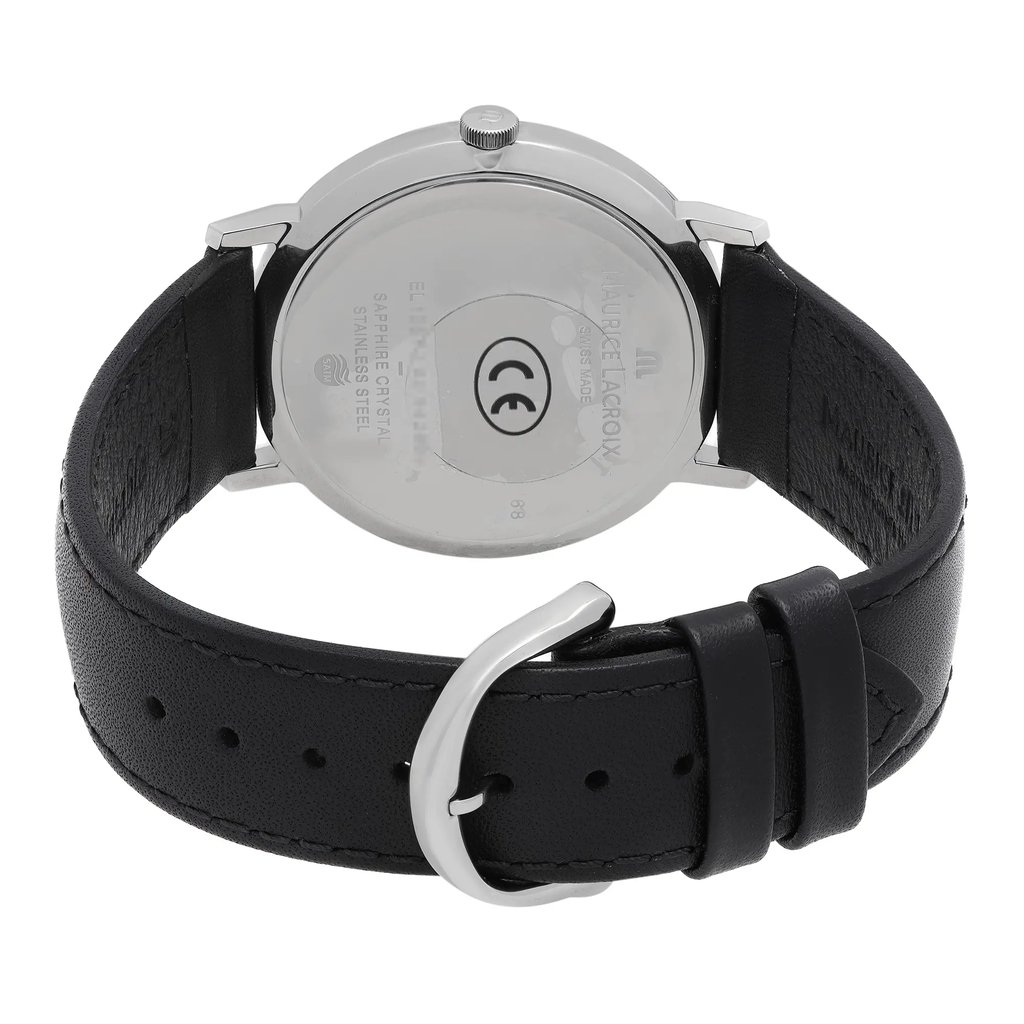 Back View Of Solid Back Case And Closed Leather Band Of Maurice Lacroix EL1087-SS001-310 Watch Unworn Condition