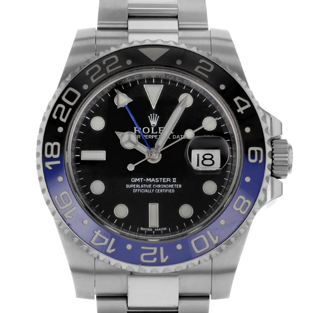 Up Close Front Facing Picture Of Rolex 116710BL Stainless Steel Watch Pre Owned Condition