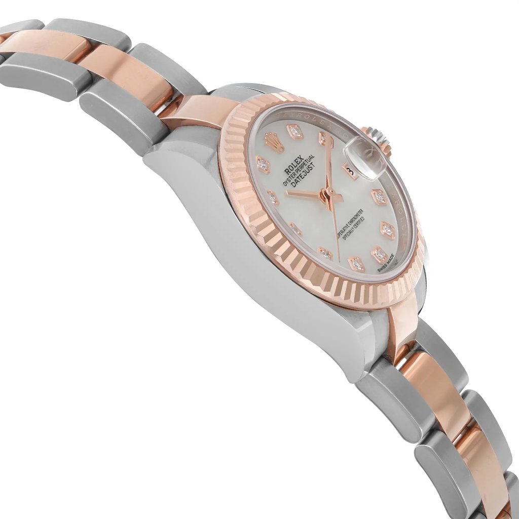 An image of a pre-owned Rolex women's wristwatch in a luxury style, presenting a side profile view opposite of the crown. The watch features a round shape with a white mother of pearl dial accented by rose gold hands and diamond hour markers. A date indicator is positioned at the 3 o'clock mark. The bezel is rose gold, complementing the stainless steel and rose gold band. The case is made of stainless steel, and the watch is captured at a close distance, highlighting its elegant details and craftsmanship.
