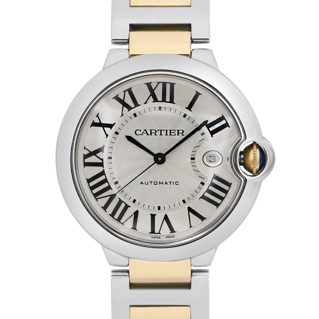 An image of a pre-owned wristwatch taken from a front close-up angle, focusing on the watch face. The watch features a silver-toned dial with prominent Roman numeral hour markers and elegant black hands. The crown is visible on the right side, integrated into the case. The two-tone metal bracelet is also partially visible at the top and bottom of the image.