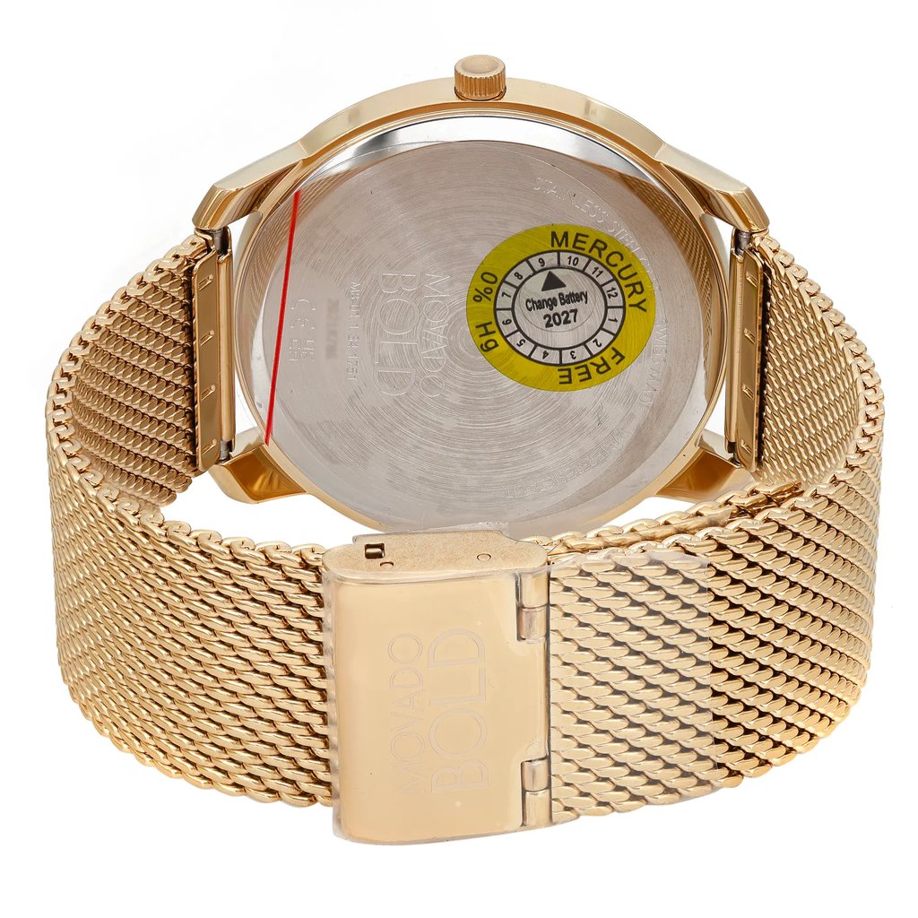 An image of a Wristwatch by Movado. This Pre Owned item is designed for Men, featuring a Casual style. It has a Quartz movement and an Analog display with a Gold dial color. The indices include 12-Hour Dial. The band is made of Stainless Steel and the case is made of Stainless Steel. The watch has a Round shape with a case size of 42 mm and a case thickness of 8 mm.