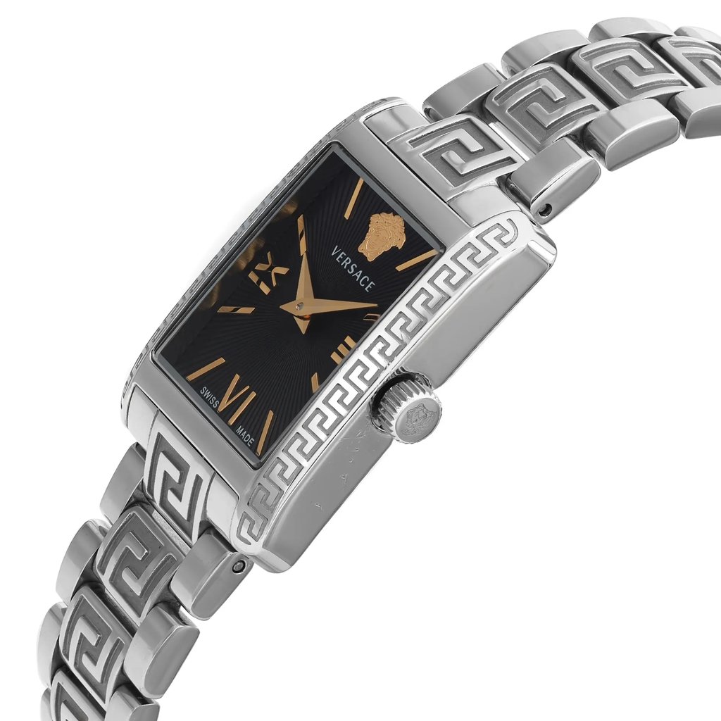 An image of a Wristwatch by Versace. This Display Model item is designed for Women, featuring a Casual style. It has a Quartz movement and an Analog display with a Black dial color. The indices include 12-Hour Dial,Roman Numerals,Stick Indexes. The band is made of Stainless Steel and the case is made of Stainless Steel. The watch has a Tonneau/Barrel shape with a case size of 23 mm and a case thickness of 7 mm.