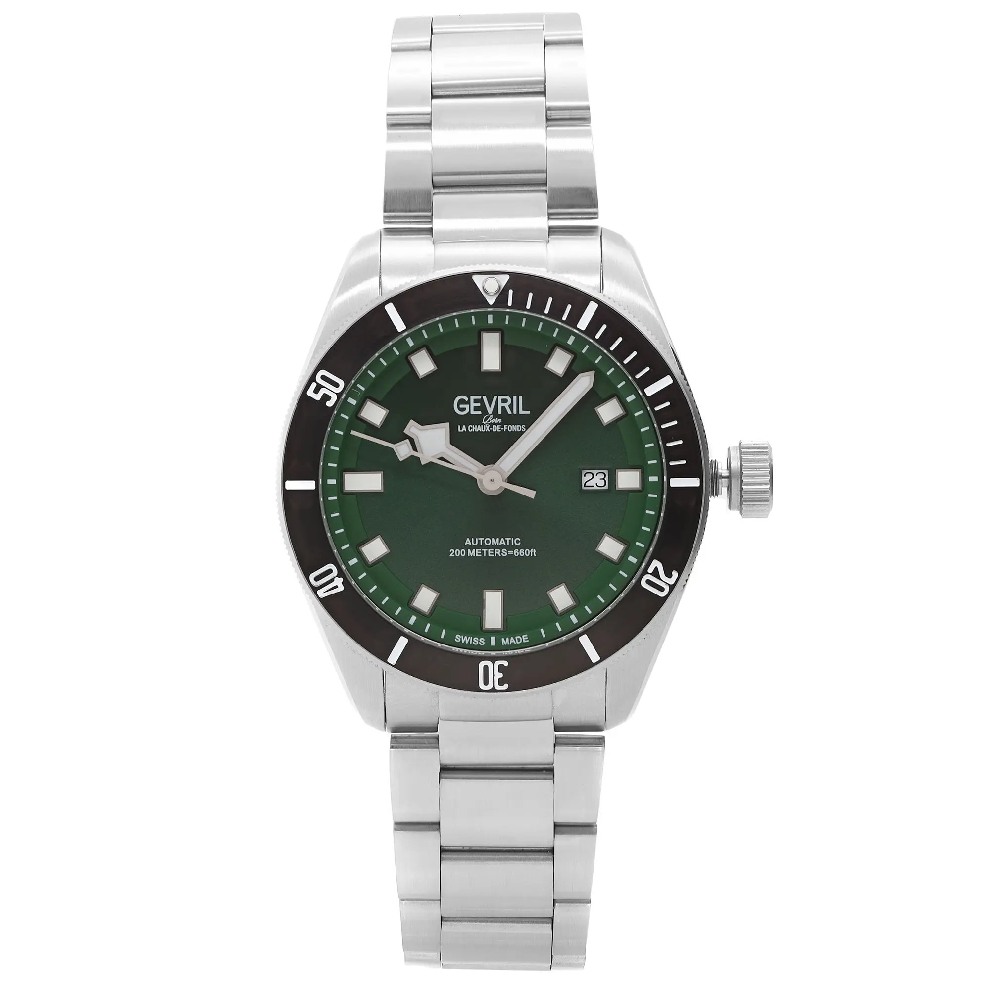 An image of a Wristwatch by Gevril. This Display Model item is designed for Men, featuring a Dress/Formal style. It has a Mechanical (Automatic) movement and an Analog display with a Green dial color. The indices include 12-Hour Dial,Non-Numeric Hour Marks,Square Indexes. The band is made of Stainless Steel and the case is made of Stainless Steel. The watch has a Round shape with a case size of 43 mm and a case thickness of 12 mm.