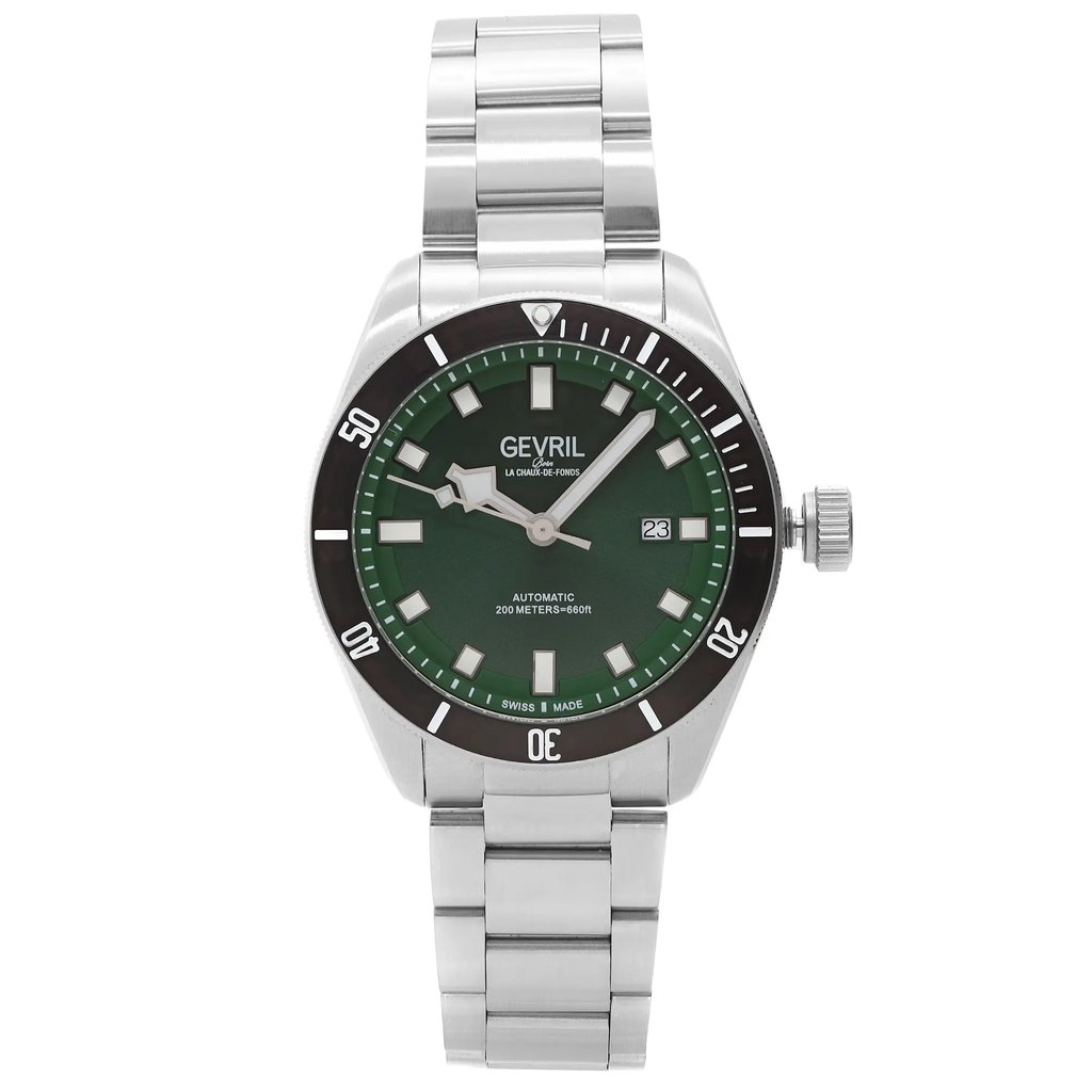 An image of a Wristwatch by Gevril. This Display Model item is designed for Men, featuring a Dress/Formal style. It has a Mechanical (Automatic) movement and an Analog display with a Green dial color. The indices include 12-Hour Dial,Non-Numeric Hour Marks,Square Indexes. The band is made of Stainless Steel and the case is made of Stainless Steel. The watch has a Round shape with a case size of 43 mm and a case thickness of 12 mm.