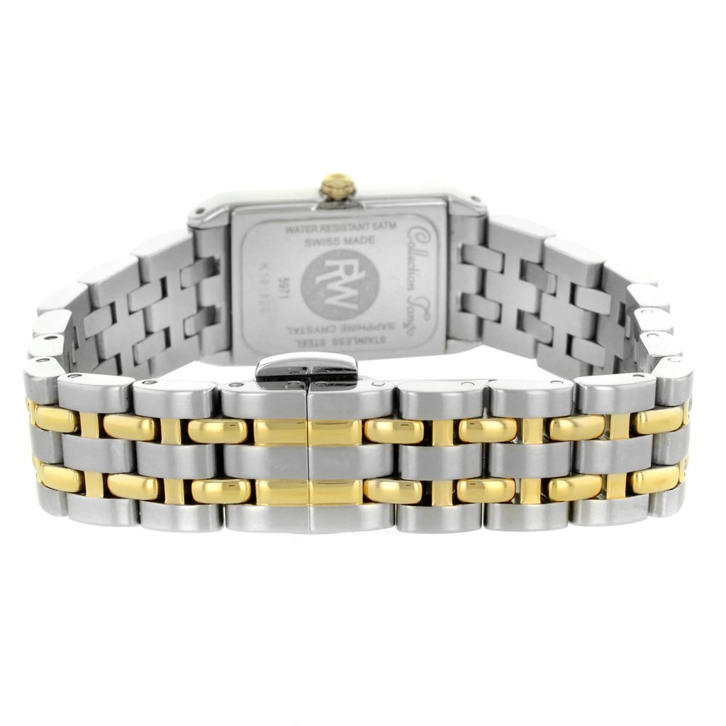 An image of a Raymond Weil women's wristwatch, viewed from the back. The focus is on the closed fold-over clasp, showcasing the stainless steel rectangular case and band. The band features a mix of silver and gold tones. The angle highlights the snap caseback, and the photograph is taken at a close distance to emphasize the watch's design details. The watch is a display model and appears in excellent condition.